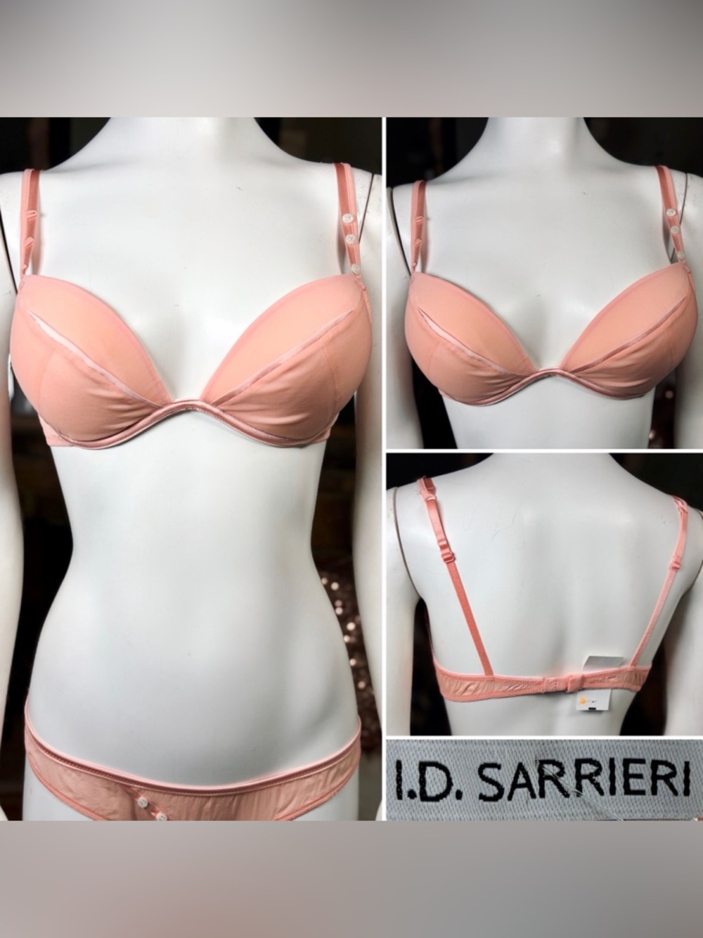 I.D.Sarrieri Pink Coral Silk Padded Push-up Underwire Plunge Bra Sz 32A